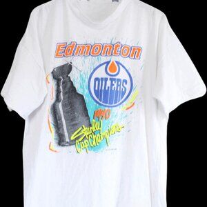 Vintage 90's White Edmonton Oilers Stanley Cup Champions Cotton